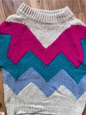 Vintage Italian Cream Chevron Knit Sweater with Pink, Teal & Lavender